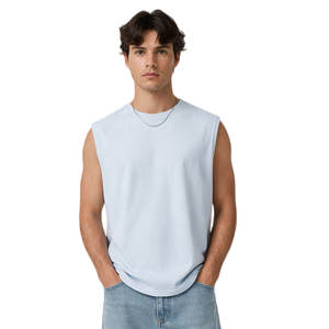 เสื้อกล้ามถักสีฟ้าอ่อนสำหรับผู้ชาย คอกลม ทรงหลวม สไตล์ลำลอง ผ้าฝ้าย 100% แบบมีริบ  ไซส์ใหญ่พิเศษ - Product Image 1