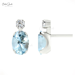 Pendientes de Oro Sólido de 14k con Aguamarina y Diamantes de Corte Ovalado de 7x5mm, Fabricante Asiático, Proveedor Verificado - Product Image 3