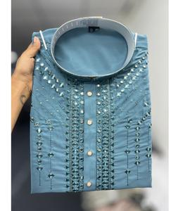 Magnifique tissu Armaani Lachko avec broderie lourde et travail de sequins, kurta pour homme avec pyjama en coton Raymond pour les mariages - Product Image 1