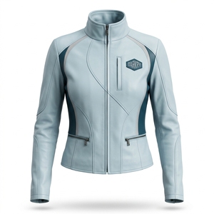 Ice Blue Dark Teal Contrast Genuine Leather <b>Women</b> High Stand Collar Zip Front Biker Racer Outerwear <b>Coat</b> - Product Image 1