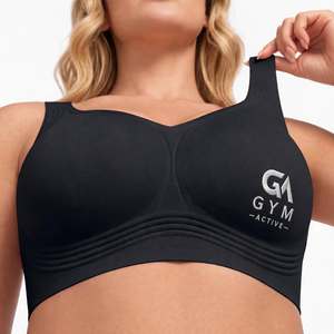 GYM ACTIVE Black V-Neck Sports Bra Front Logo Support Sports Bra Strappy Back Seamless Workout Fitness Workout Top Racerback - Product Image 2