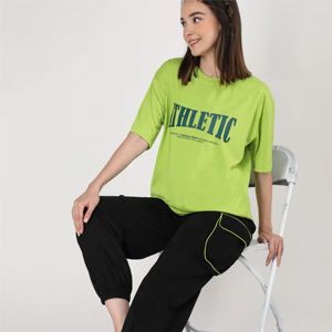 T-shirt décontracté en coton tricoté à manches courtes et col rond pour femme, coupe ample, imprimé athlétique vert lime, printemps-été - Product Image 5