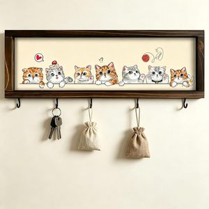 Porte-clés mural en bois motif chaton mignon avec 5 crochets métalliques – Organisateur décoratif pour entrée et décoration de chambre - Product Image 1
