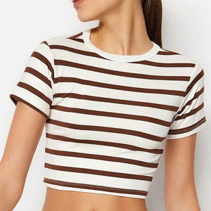 OEM Manufacturer High Quality Women's Striped <b>Crop</b> <b>Top</b> Crew Neck Short Sleeve Casual T-Shirt Spring Summer 100% Cotton Knitted - Product Image 2