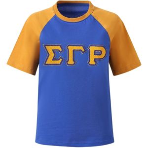 Chemise Raglan Premium en Chenille SGRho Bleu Royal et Or, Manches Courtes, Col Rond, Patch Lettres Grecques, Style Baseball, Décontractée, Fraternité - Product Image 1