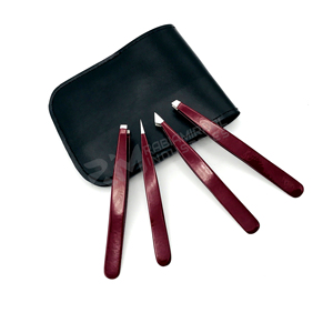 Juego de 4 pinzas para cejas RMI Wholesale, de acero inoxidable con punta plateada y recubrimiento en polvo color marrón oscuro, con punta inclinada. - Product Image 4