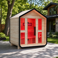Rumah Sauna Luar Ruangan Thermo Pine, Sauna Uap Persegi untuk 3-4 Orang, Pembakaran Kayu Hitam OEM dengan Terapi Cahaya Merah Opsional dan WiFi Pintar