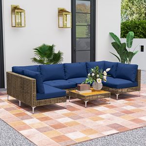 Tavolo componibile in legno di Acacia da esterno in 7 pezzi con Set di mobili da giardino in vimini marrone/blu con cuscini ispessiti - Product Image 2