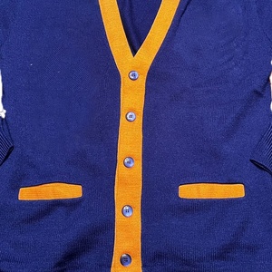 Cárdigan de punto azul para mujer, con cuello en V, manga larga, ribete amarillo y botones, suéter informal de color liso. - Product Image 5