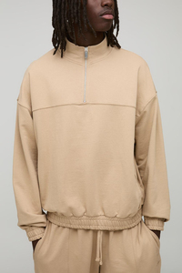 Men's Beige Quarter-<b>Zip</b> 100% Cotton Embroidered Sweatshirt and Jogger Set with Front Logo Print Casual Winter Wear - Product Image 2