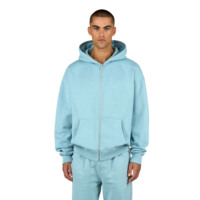 Ensemble de survêtement personnalisé bleu clair à capuche, sweat à capuche zippé et pantalon de jogging 100 % coton, coupe décontractée, couleur unie, pour l'automne