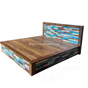 Cama de Madera de Barco Reciclada con Cabecera Estilo Patchwork, Color Original, Diseño Sostenible para Dormitorio - Product Image 3
