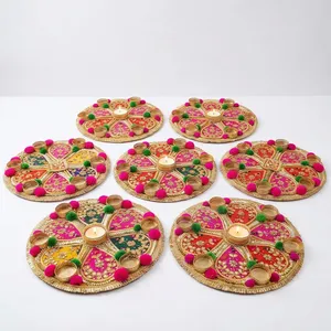 Handmade Round Wooden <b>Candle</b> Stand With Embroidered Floral Design <b>Pink</b> Green Pompoms For Wedding Home Decoration - Product Image 4
