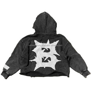 Sudaderas con capucha recortadas lavadas con ácido personalizadas con borde cortado bordado con parche térmico para Hombre Sudaderas con capucha para hombre - Product Image 3