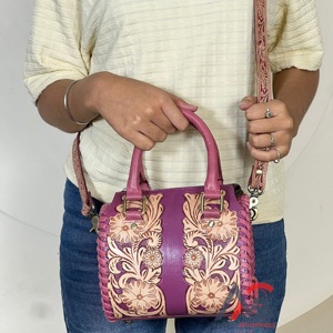 Trending Handcrafted Pink <b>Tooled</b> Floral <b>Leather</b> Duffel Bags High Quality Small Crossbody Travel Shopping Handbags For Women - Product Image 1