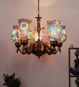 Wholesale Turkish Mosaic Chandelier Bulk Moroccan Colorful Glass Pendant Light Factory Price <b>Retro</b> Antique Brass Hanging Lamp - Product Image 5