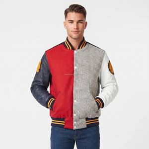 Veste universitaire personnalisée pour homme, bicolore, rouge et gris, avec manches en cuir PU, patch en chenille, col rabattu, style décontracté pour l'automne - Product Image 2