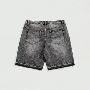 กางเกงยีนส์ขาสั้นผู้ชายแบบ Stonewashed ประดับด้วย Rhinestone และเลื่อม ทรงตรง เอวกลาง สไตล์ลำลอง - Product Image 2