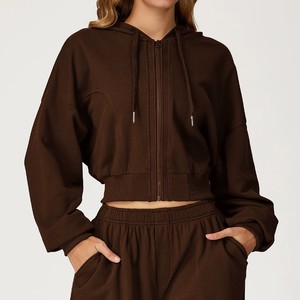 Ensemble sweat-shirt à capuche zippé 100 % coton marron pour femme, coupe décontractée, couleur unie, manches longues, deux pièces, broderie en maille - Product Image 1