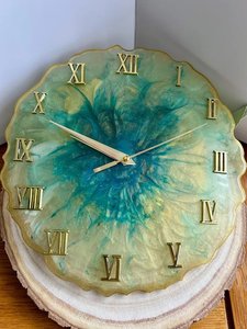 Handcrafted Resin Wall <b>Clock</b> Ocean Teal Geode Floral Timepiece Gold <b>Roman</b> Numerals Silent Quartz Living Room Home Decor - Product Image 5