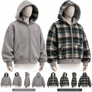 Veste à capuche réversible à carreaux gris et bleu pour homme, coupe oversize, style streetwear hiver, personnalisable, vente en gros - Product Image 3