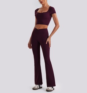 4pcs Sets Custom Logo Women Slim Fit <b>Top</b> T Shirts Sports Bra Active Wear Set High Waist Flare Pants Yoga Set Gym Fitness Clothes - Product Image 3