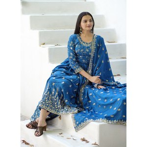 Beautiful <b>Traditional</b> <b>Chinese</b> <b>Clothing</b> Embroidered Chinon Gown with Sequence Embroidered Work - Product Image 1