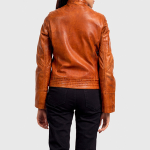Chaqueta de Motociclista de Cuero Genuino Marrón para Mujer, Manga Larga, Cuello Alto, Cierre de Cremallera, Estilo Otoñal - Product Image 2