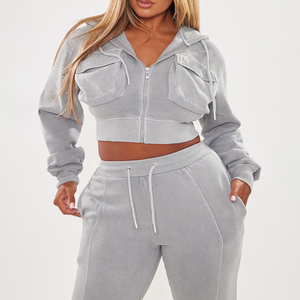 Women's Custom Acid Wash Tracksuit <b>Zip</b> <b>Up</b> Hoodie Jogger Set Oversized Patch Embroidery <b>Crop</b> Top Streetwear Outfit - Product Image 5