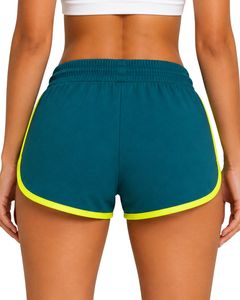Shorts de sport pour femmes vert sarcelle avec bordure jaune fluo, séchage rapide, respirant, pour la gym, le fitness, décontracté, été, vêtements de sport actifs - Product Image 2