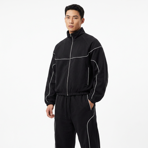 Conjunto Deportivo Unisex Negro, Manga Larga, Cierre de Cremallera, Cuello Alto, Corte Holgado, Transpirable, Color Sólido, para Otoño, con Bolsillos Laterales - Product Image 6