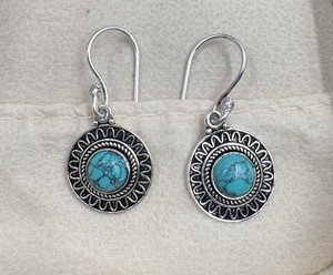 Boucles d'oreilles en turquoise naturelle, plaquées argent, faites à la main, avec pierres précieuses, style pendantes, pour femmes - Product Image 5