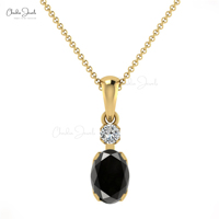 Liontin Berlian Hitam Oval Asli 7x5mm Dalam Emas Padat 14k Liontin Berlian G-H Aksen Liontin Gantung
