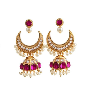 Half Moon Kemp Jhumki Earrings-18K Gold Plated Zinc Alloy Charm Earrings with Amethyst & Pearl for Wedding and Party - Product Image 2