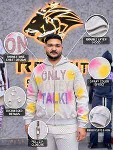 Sweat-shirt à capuche surdimensionné pour homme avec imprimé en strass « Only Money Talk », style streetwear, 100% coton, tissu French Terry - Product Image 1