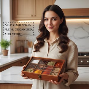 Caja de especias de madera hecha a mano, Masala Dabba india con 12 compartimentos, almacenamiento de cocina con tapa de vidrio - Product Image 2