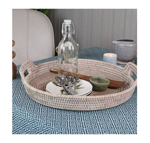 Plateau décoratif rond en rotin luxueux avec poignées, style bohème, travail artisanal, en promotion - Product Image 2