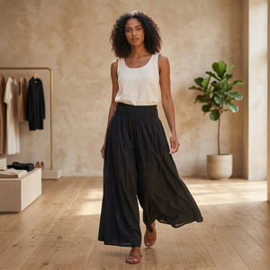 Pantalon Harem Noir Élastique Taille Haute pour Femme, Coupe Ample Jambe Large, Longueur Cheville, Style Bohème Uni, Coton Écologique d'Été - Product Image 4