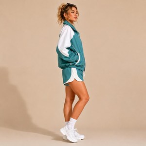 Ensemble veste coupe-vent et short pour femme, bleu sarcelle et blanc, vêtements de sport légers, tenue de sport décontractée - Product Image 3