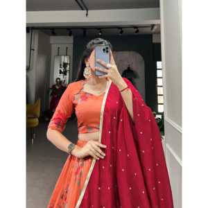 Magníficos juegos modestos de seda Tussar hilo naranja bordado Lehenga Choli con Dupatta - Product Image 3