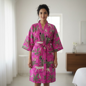 Kimono con estampado de jungla rosa tropical para mujer, cuello en V, mangas largas, 2 bolsillos delanteros, cordón, ropa de dormir de algodón, bata, vestido - Product Image 5