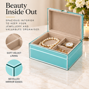 Caja de Almacenamiento de Joyas de Vidrio Turquesa con Cierre Geométrico Dorado, Acabado Brillante, Forro Suave, Organizador Decorativo para Recuerdos - Product Image 6