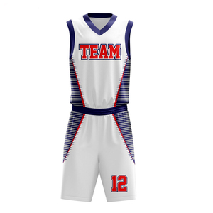 Ensemble de maillot de basket-ball sublimé personnalisé, joueur 12, blanc, rouge, bleu, débardeur sans manches, short, taille élastique, évacuation de l'humidité - Product Image 2
