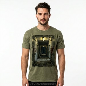 T-shirt personnalisé pour hommes en gros, 100 % coton, motif graphique effrayant couloir d'hôpital, impression numérique directe usine - Product Image 1