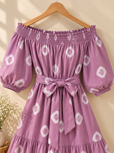Purple Geometric Print Off-Shoulder Midi Dress With Bubble Sleeves And <b>Belted</b> Wrap Design For Summer Casual Wear - Product Image 2