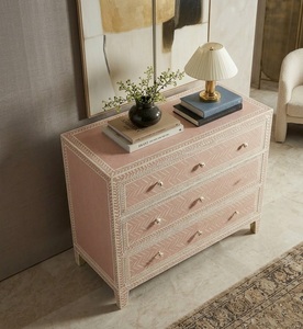 Commode traditionnelle en bois massif avec incrustations en os, meuble de rangement à motifs roses pour salon - Product Image 2