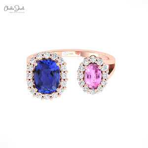 Anillo de Oro Sólido de 14K con Tanzanita Genuina de 8x6mm y Zafiro Rosa con Halo, Anillo de Compromiso de Lujo con Piedras Preciosas para Mujer, Chordia Jewels - Product Image 3