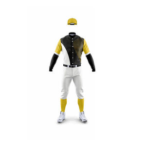 Ensemble d'uniformes de baseball personnalisés pour hommes, noir, jaune, blanc, impression par sublimation, polyester respirant, maillot, pantalon et casquette pour équipe adulte - Product Image 3