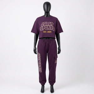 Women Premium 320 GSM Cotton Fleece Crop <b>Top</b> And Cargo Pant Set Purple <b>Rhinestone</b> Heat Transfer Custom Logo Women's Sets - Product Image 6