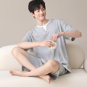 Men's Casual Eco-Friendly Knitted 100% Polyester Solid Short Sleeve Elastic Waist Shorts Pajamas Can Be Worn Outward Summer - Product Image 1